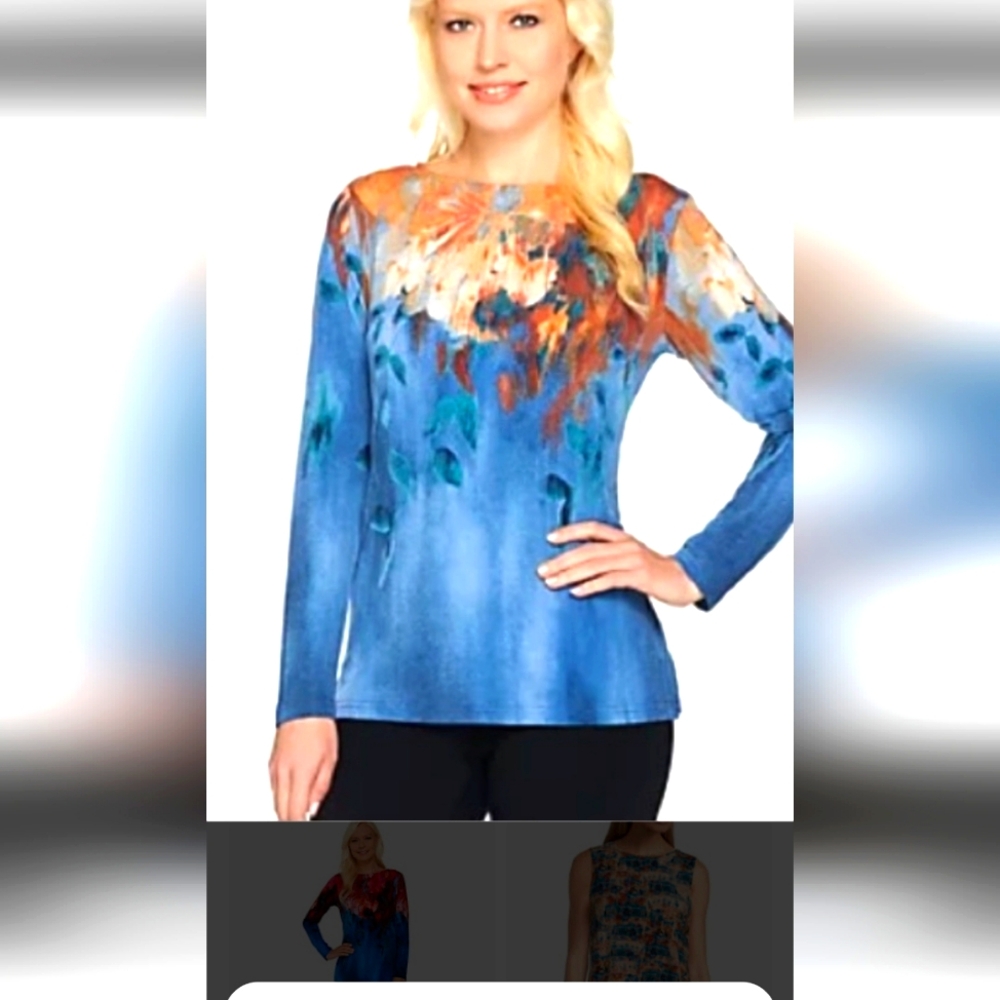 Bob Mackie Wearable Art Womans XL Blue Floral Long Sl Pop Over Top
